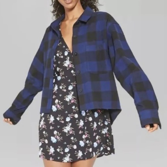 WILD FABLE Navy Buffalo Check Plaid Flannel Cropped Button Down Shirt Size XL - Picture 3 of 14